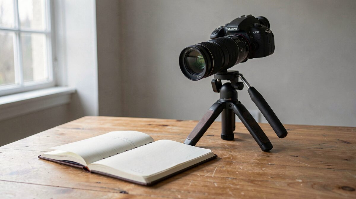 Een geopend notitieboek op een houten tafel in het atelier, daarnaast een panoramakop op statief, daglicht van links uit een hoog raam, strakke kadrering op het dubbelblad.