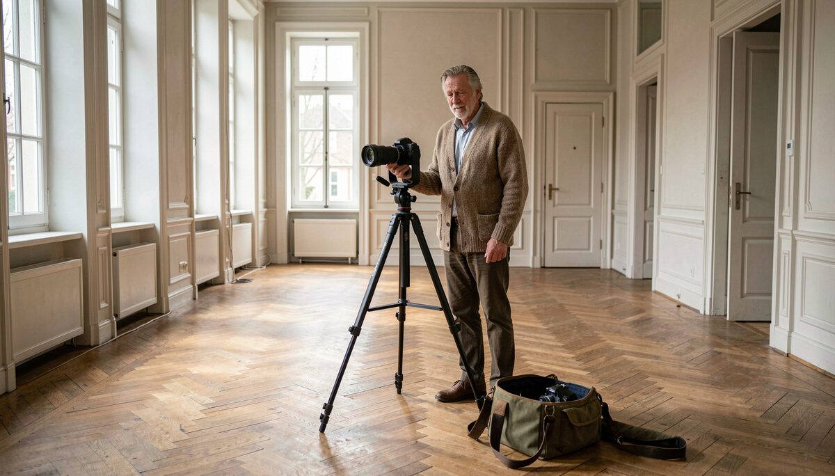 Panoramafotograaf met statief en panoramakop in de inkomhal van een herenhuis, daglicht van links