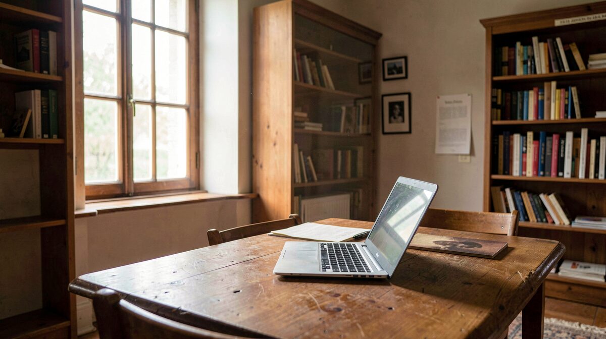 Een leeszaal van een klein museum in de voormiddag, een open laptop op een houten tafel, zijlicht door een hoog raam, van opzij genomen.