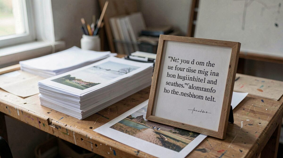 Een werkblad in het atelier met een afgedrukte offerte naast een panorama uitprint op proef, daglicht van links, nauwkeurig ingekaderd op de twee papierstapels.