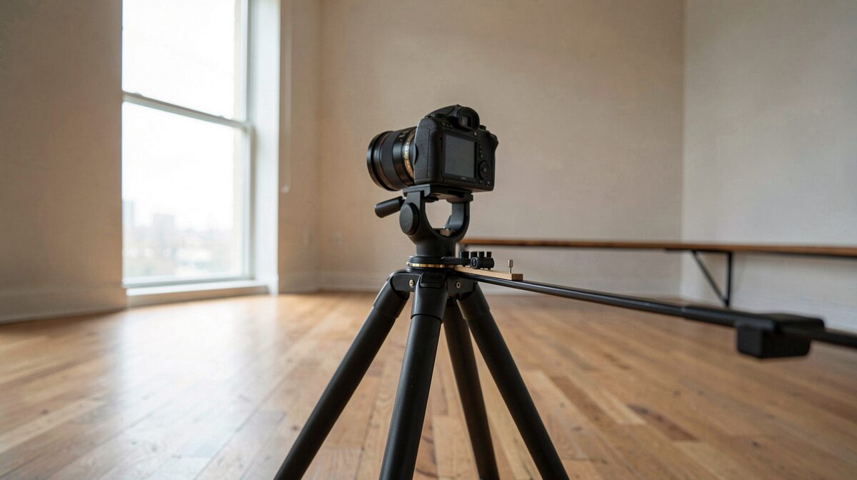 Een statief met panoramakop en rail op een houten vloer in een lege kamer, camera met vast brandpunt gemonteerd, twee verticale lijnen in het vizier, daglicht door een hoog raam, close-up van de rail en de waterpas.