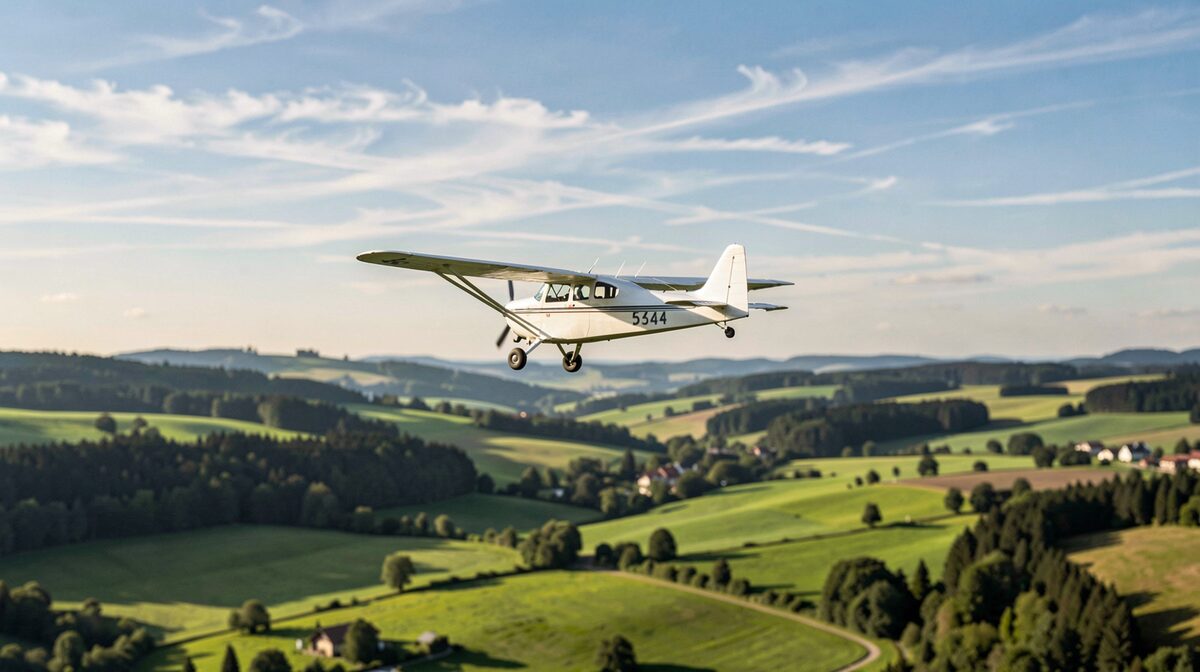 Een modelvliegtuig boven een groen dal in de Schwäbische Alb, in het late voormiddaglicht, laag tegen een blauwe lucht met dunne wolken, van opzij gefotografeerd.